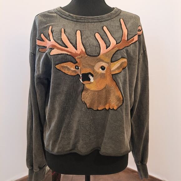 Anthropologie Tiny Embroidered Reindeer Crewneck Sweatshirt - Picture 2 of 4